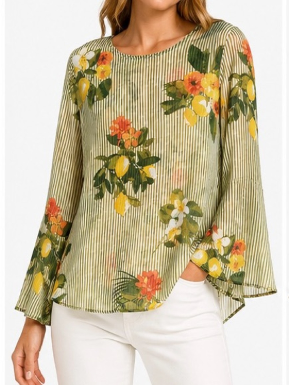 49. Lemon Way Green Striped Floral Bell-Sleeve Blouse
